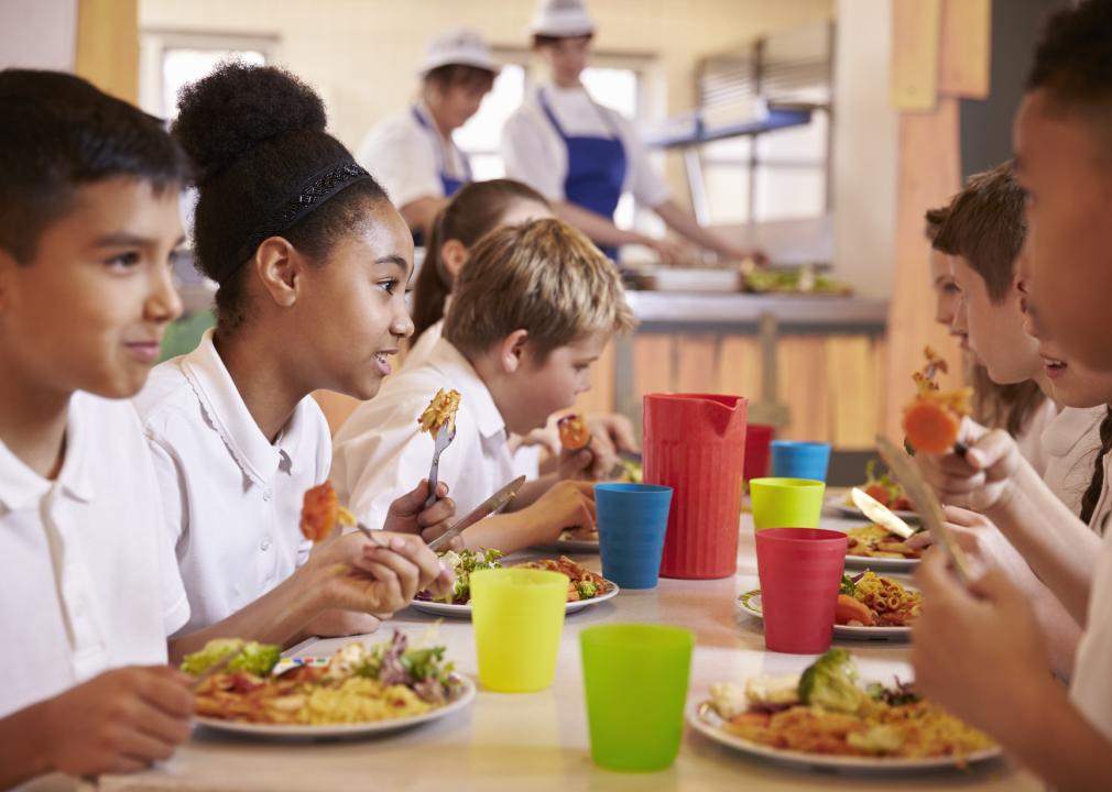 Primary school kids eat lunch in school cafeteria.