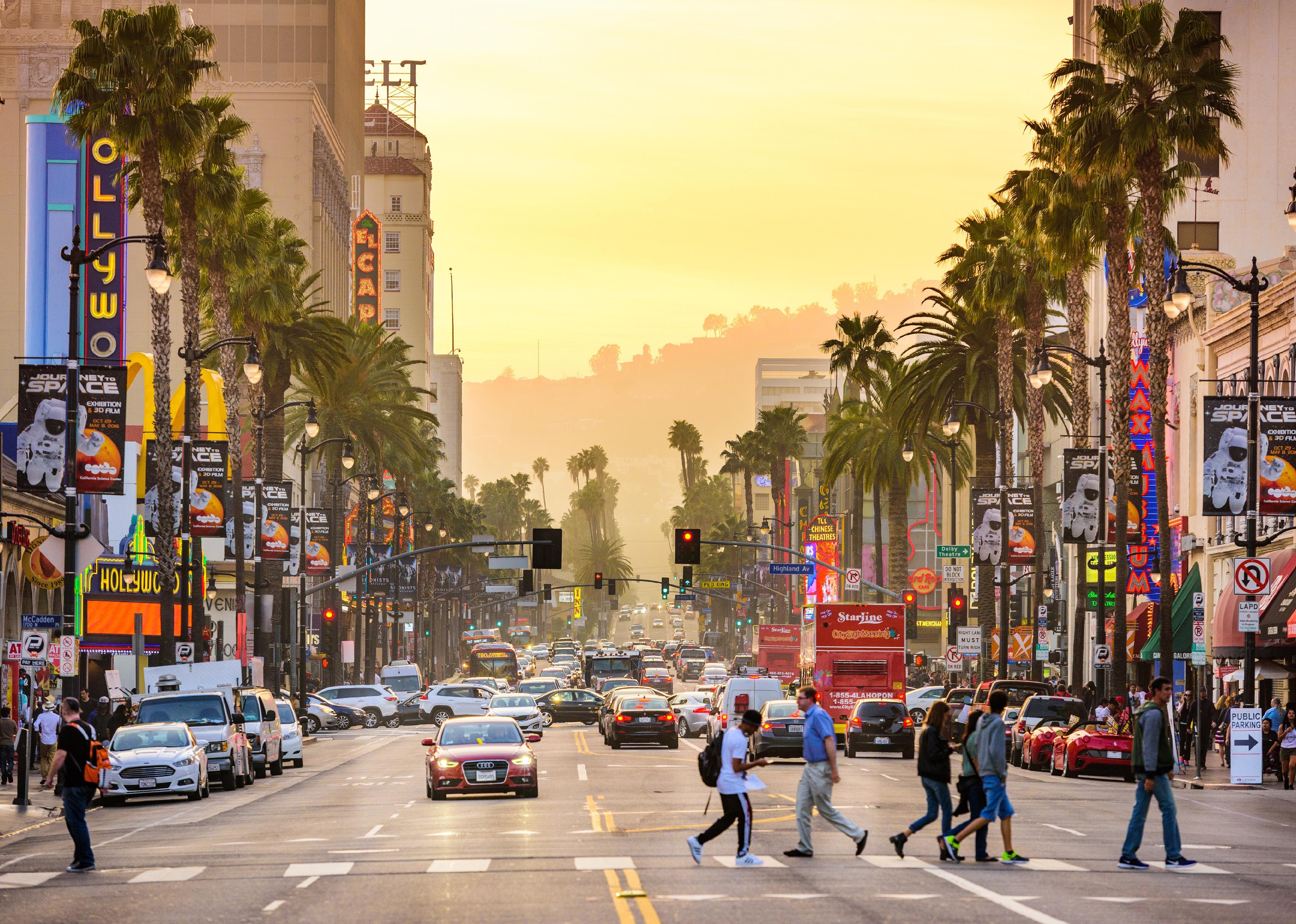 A busy street scene on Hollywood Blvd. in Los Angeles.