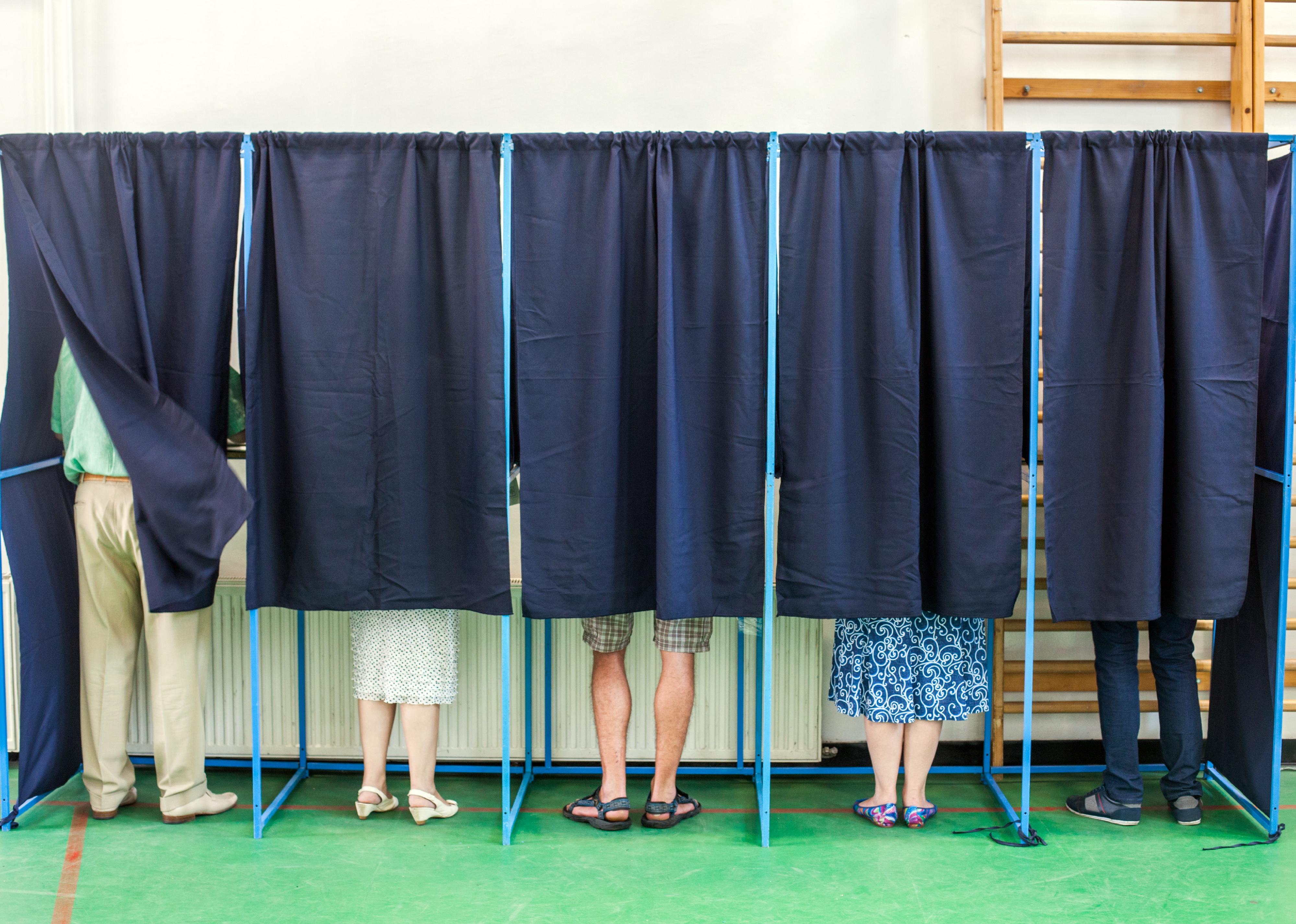 People voting in polling booths at a voting station