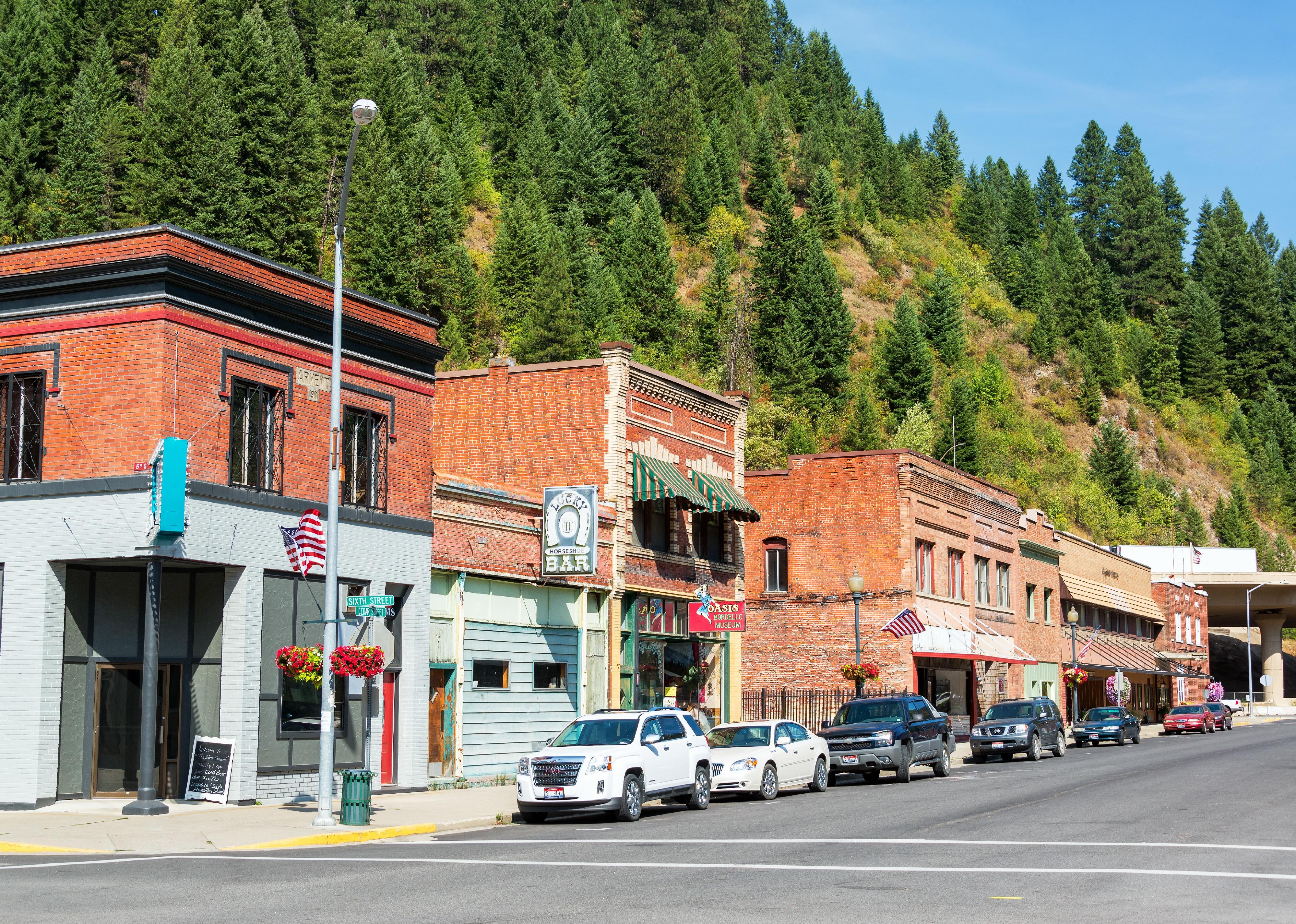 Historic main street and shops in Wallace, Idaho.