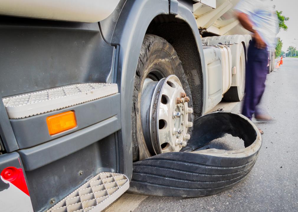 Closeup of damaged 18 wheeler semi truck tires