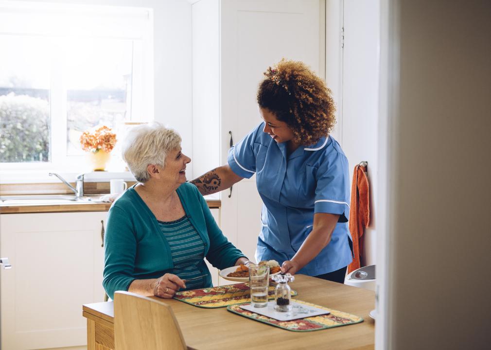 Woman nurse serving elderly woman patient a plate of food at a dinner table.