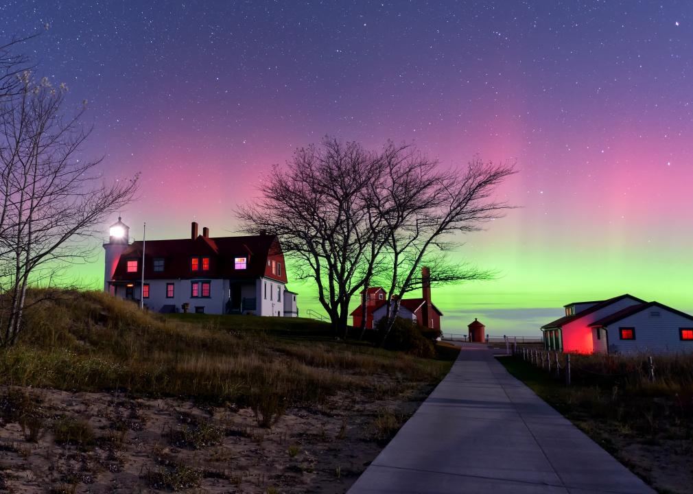 Northern lights over Point Betsie Lighthouse in northern Michigan.