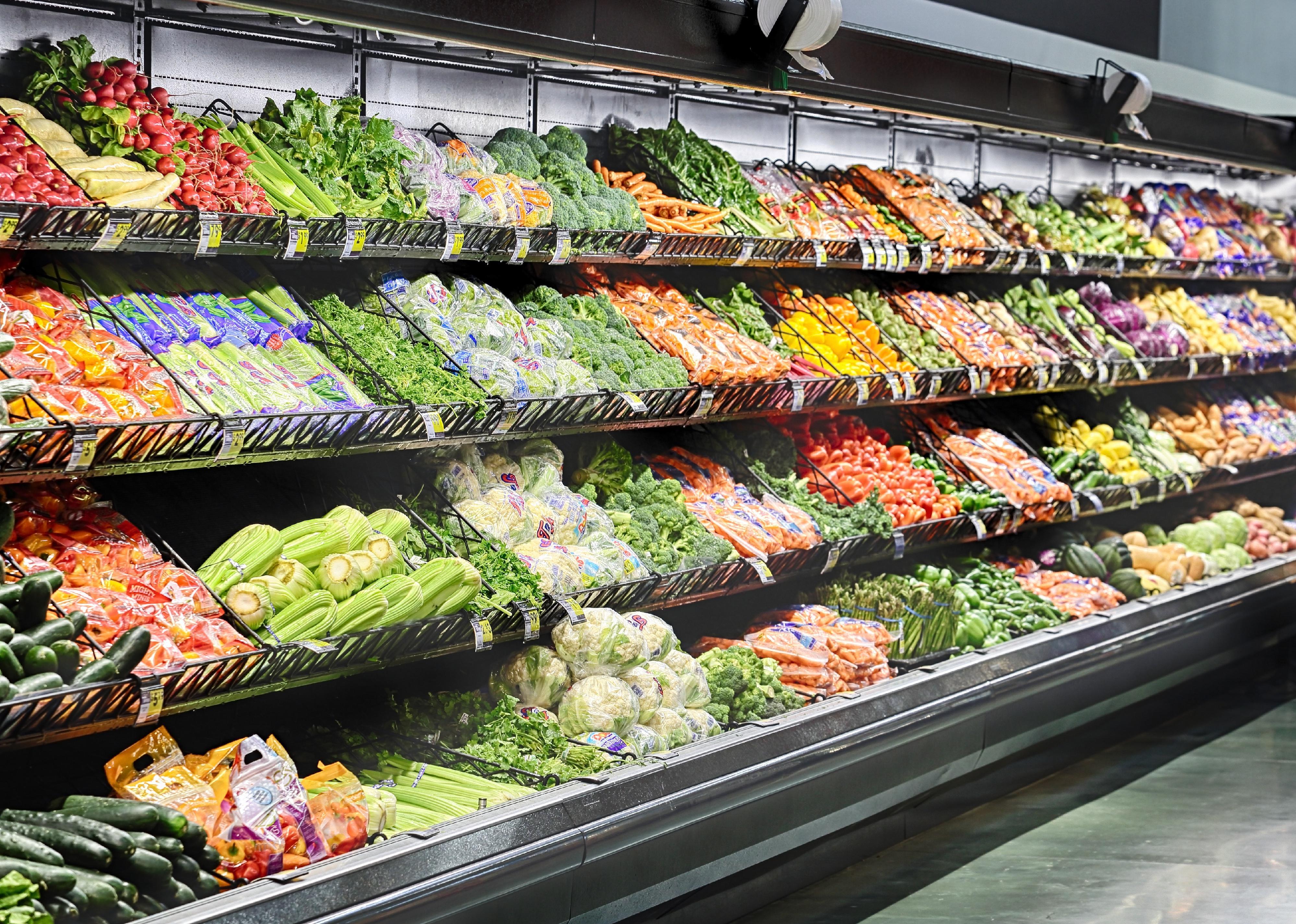 A refrigerated produce aisle. 