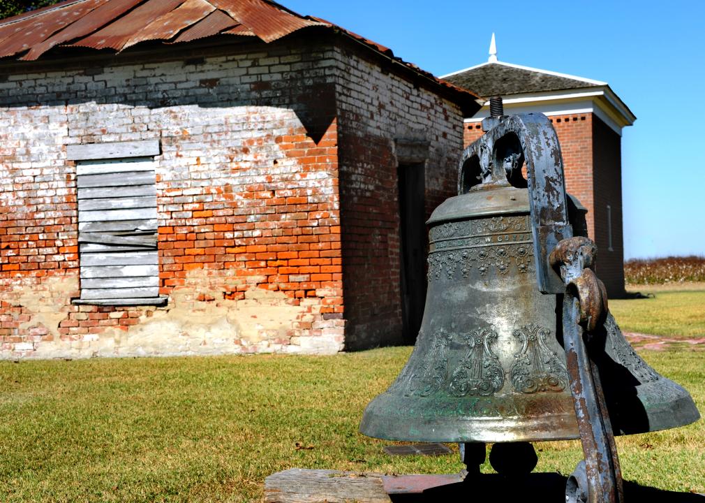 Engraved bell sits outside Lakeport Plantation near Lake Village, Arkansas. 