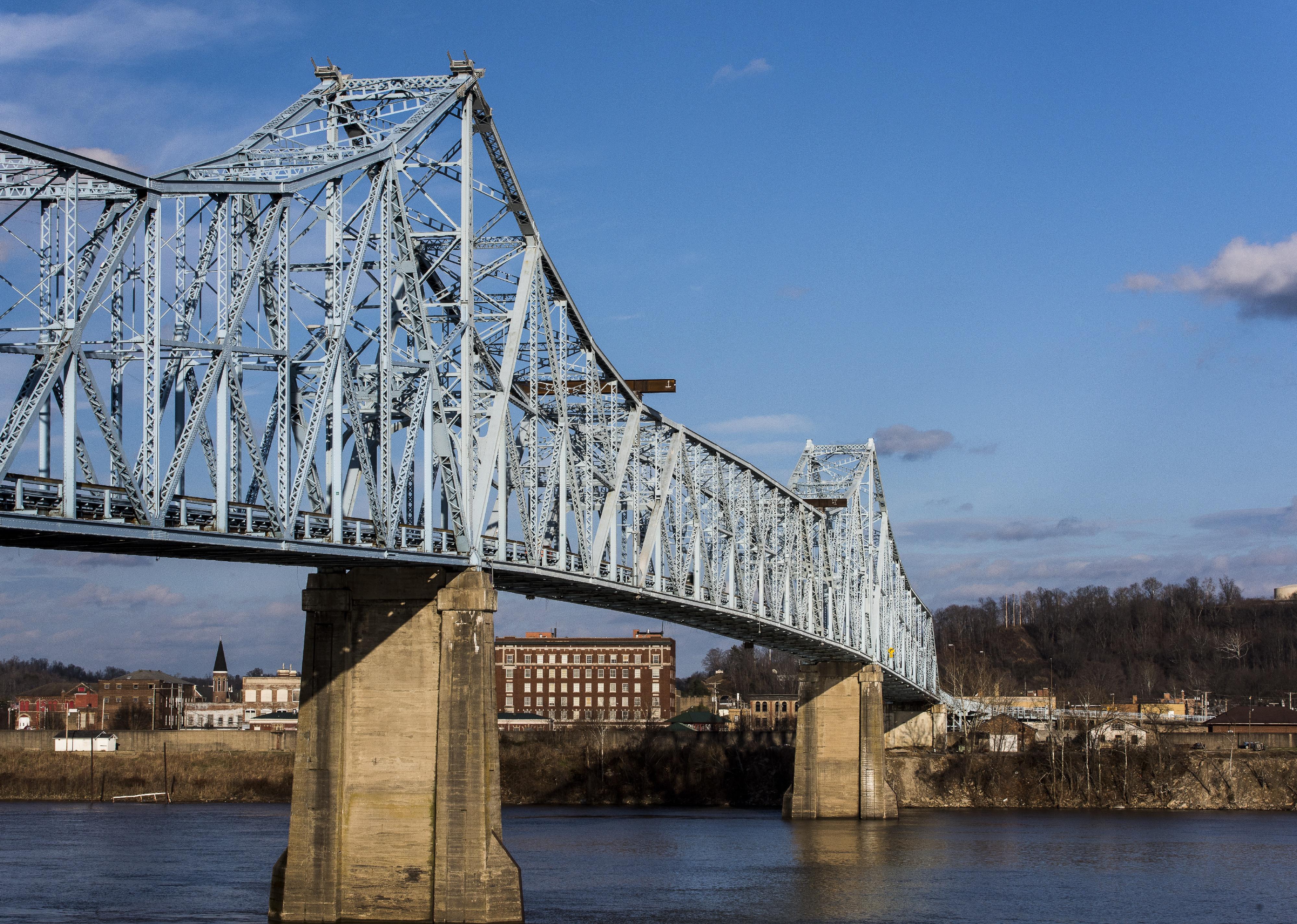 The Ironton-Russell Bridge crosses the Ohio River between Ironton, Ohio and Russell, Kentucky. 