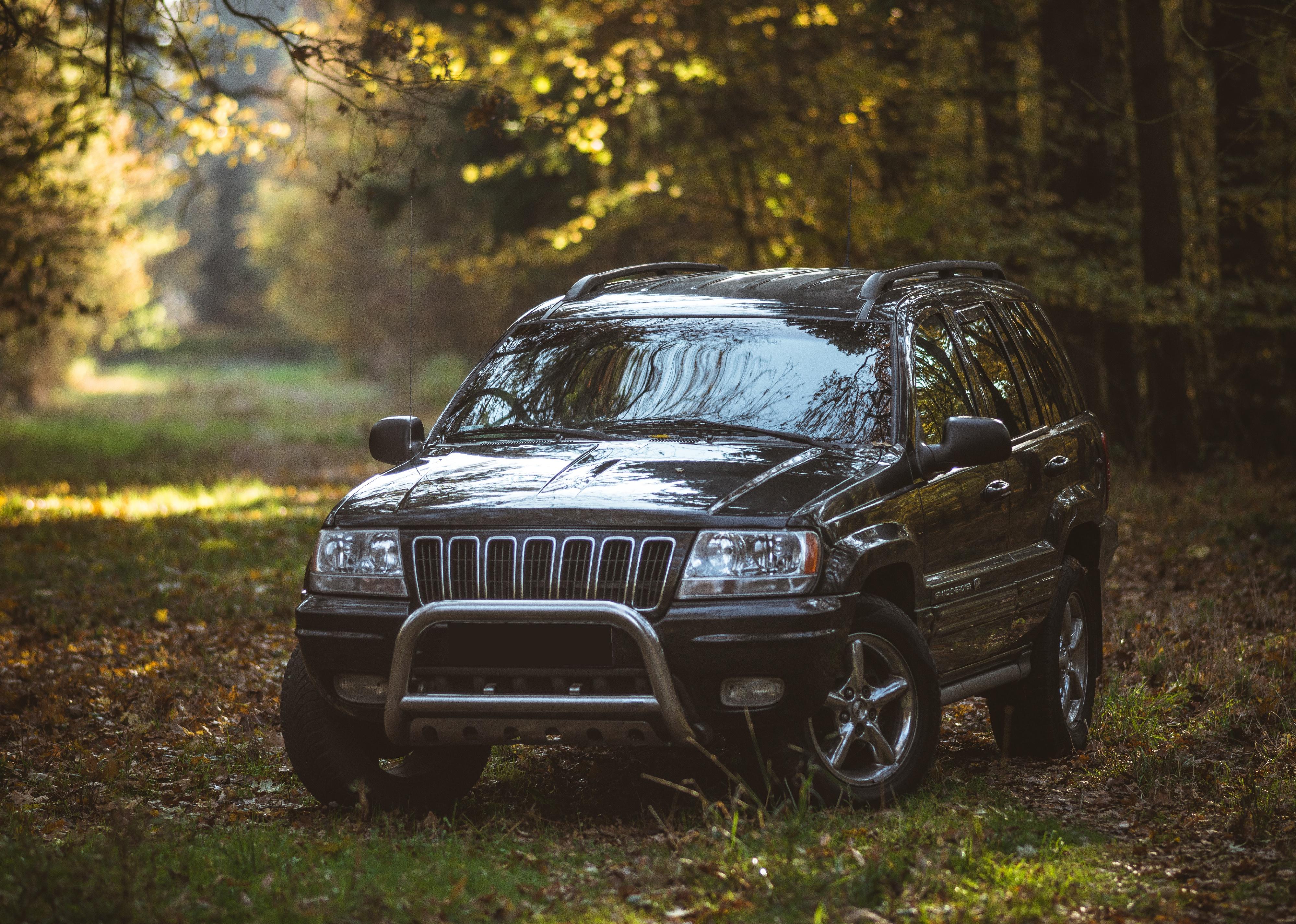A Jeep Grand Cherokee surrounded by trees.