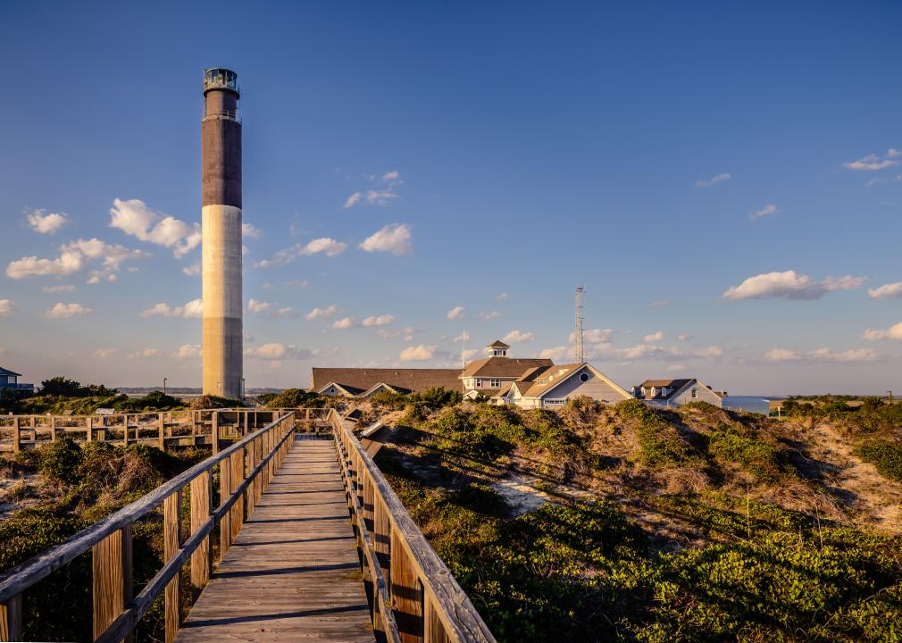 Trail and lighthouse in Oak Island Beach.