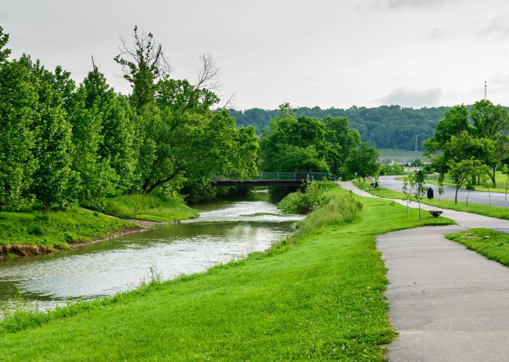 Park in summer with path along river.