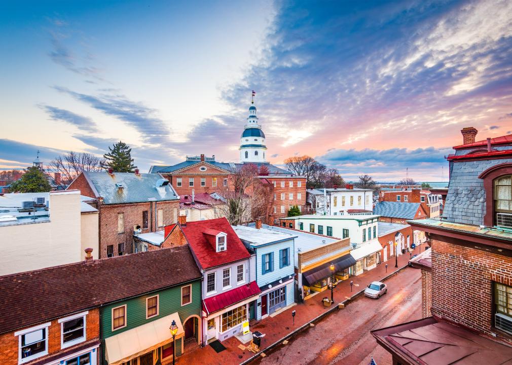 View of downtown Annapolis, Maryland, over Main Street with the State House.