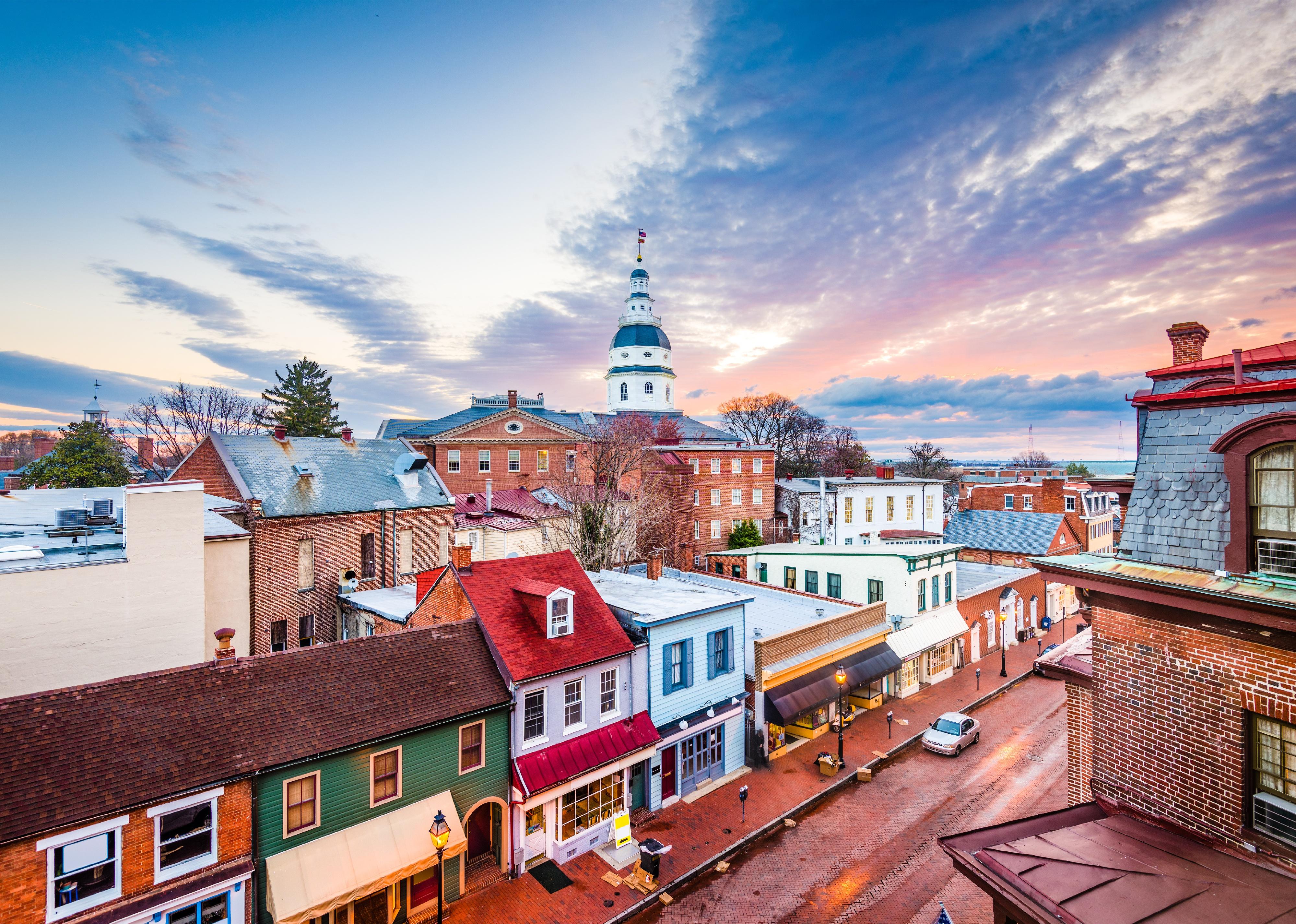 Downtown Annapolis, view over Main Street with the State House.