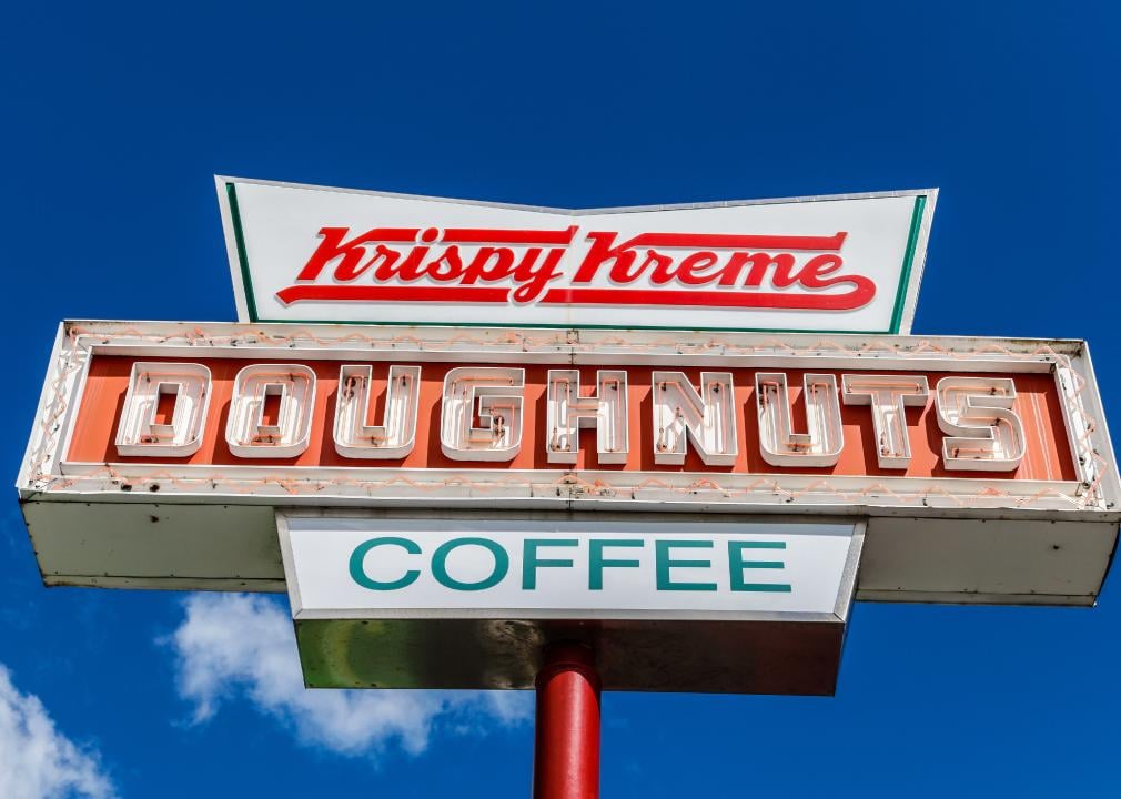 A large Krispy Kreme sign on a post with the words doughnuts and coffee undeneath it.