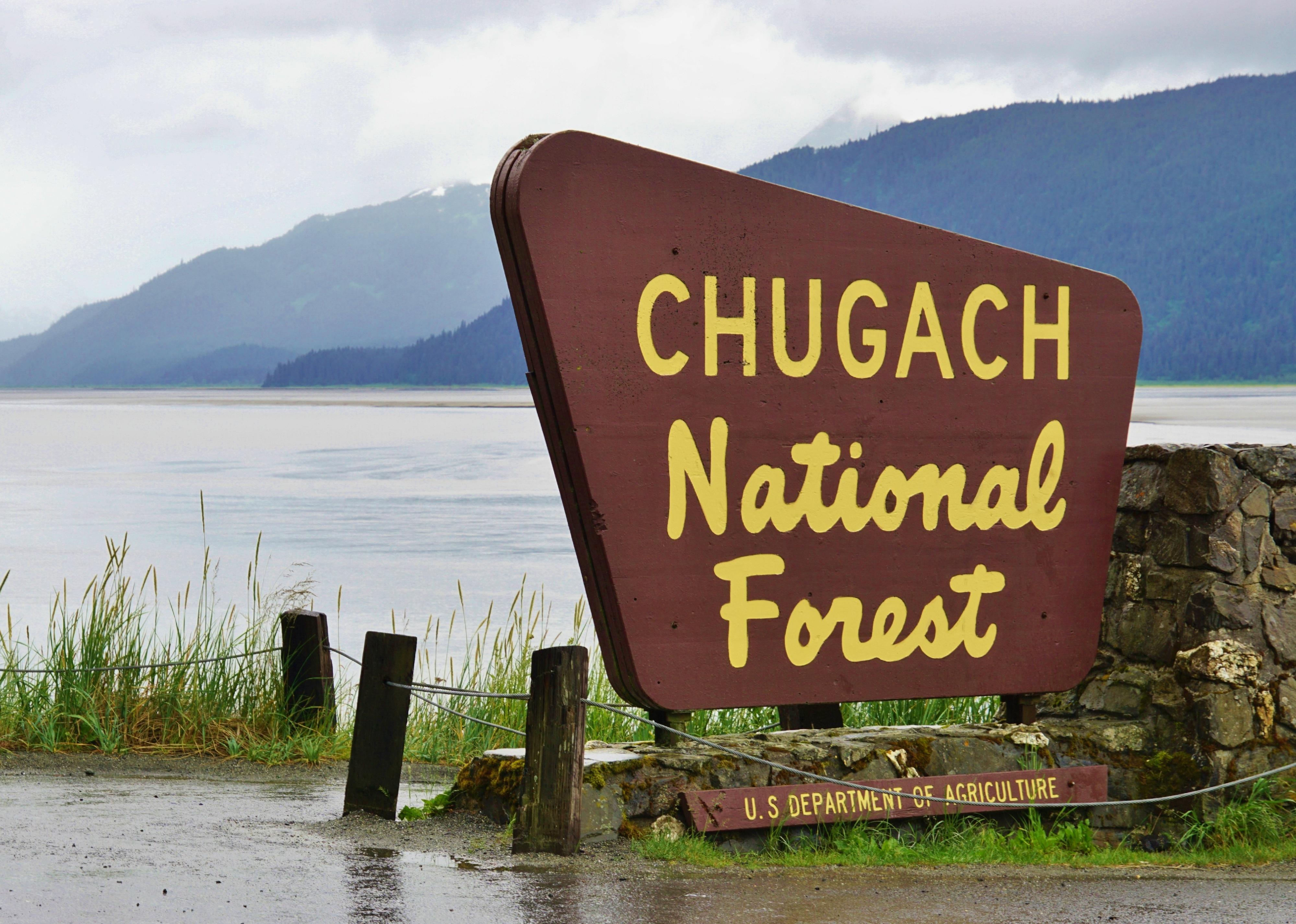 The Chugach National Forest sign on an overcast day.