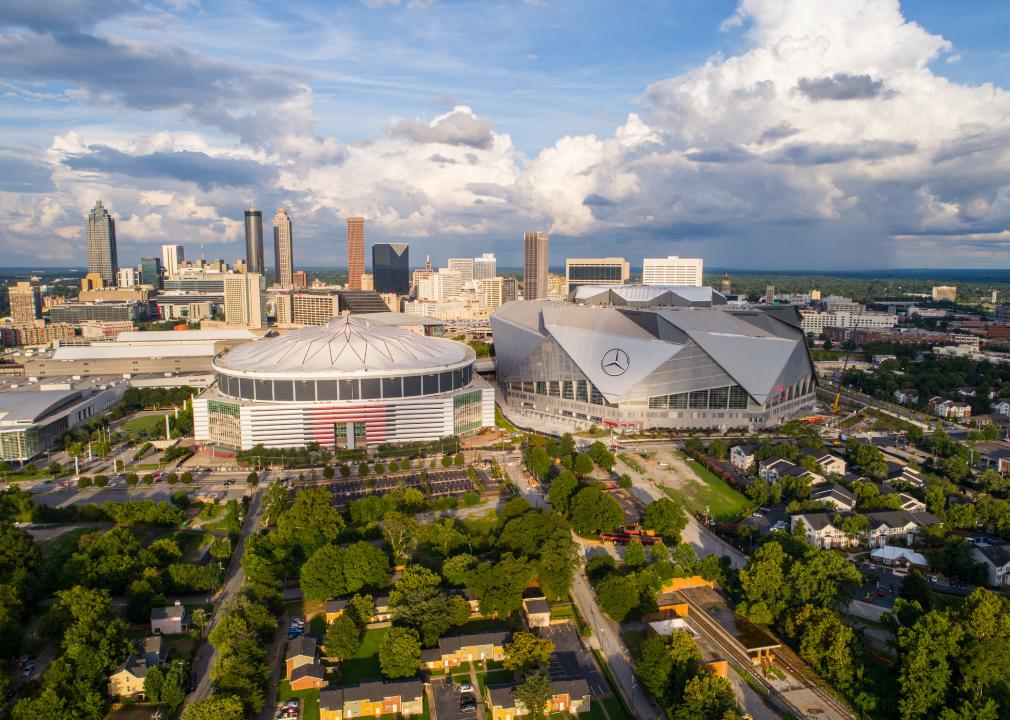  Aerial drone image of the Georgia Dome and Mercedes Benz Arena