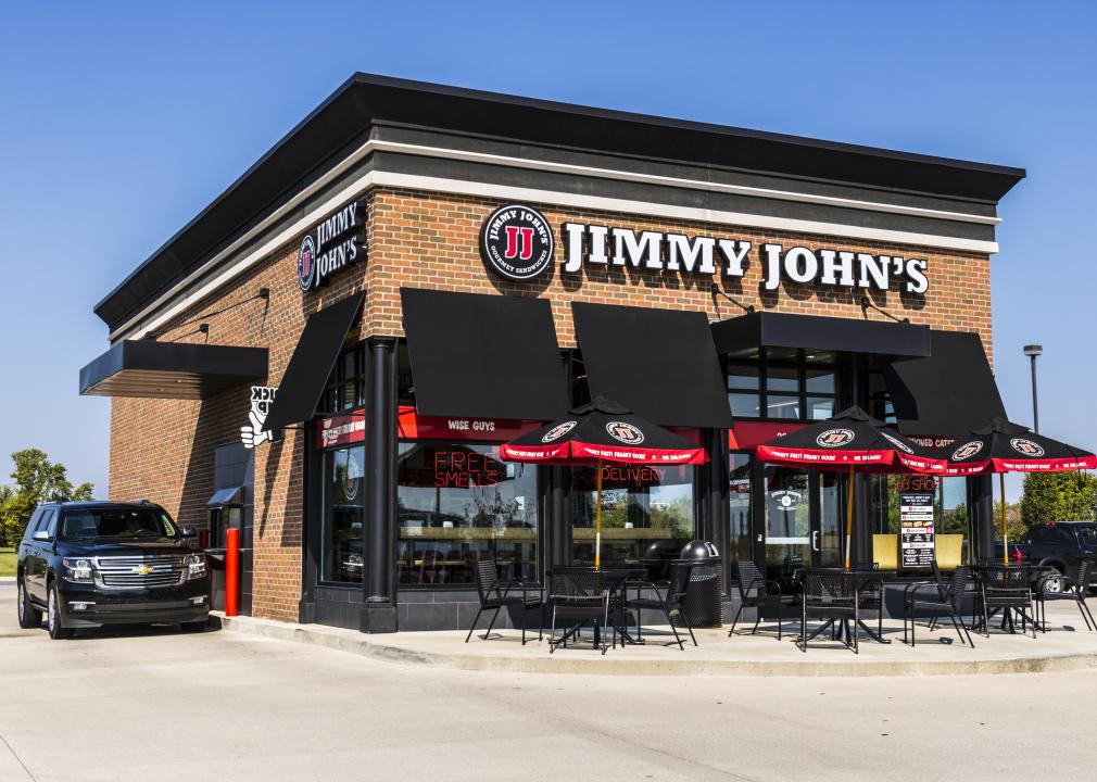 Jimmy John's exterior with outdoor seating.