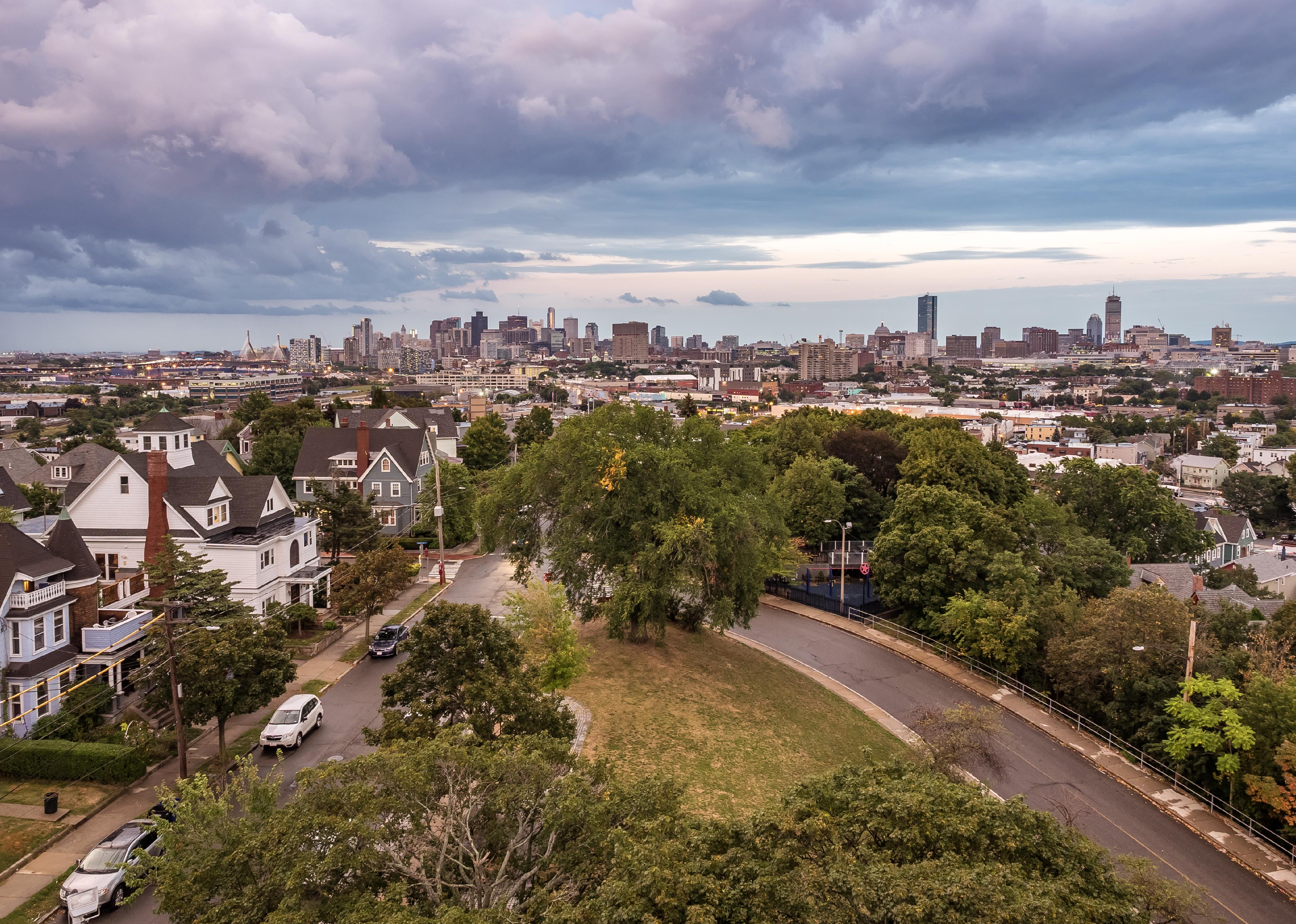The skyline of downtown Boston as seen from the Prospect Hill Tower in Somerville.