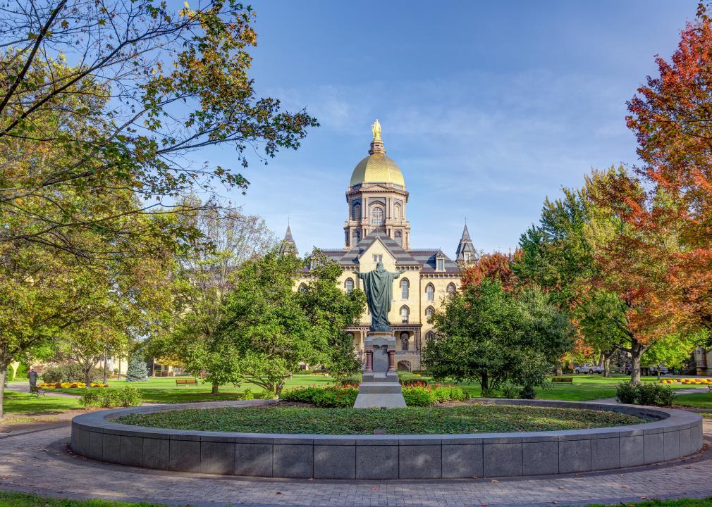 Statue and buildings at University of Notre Dame.