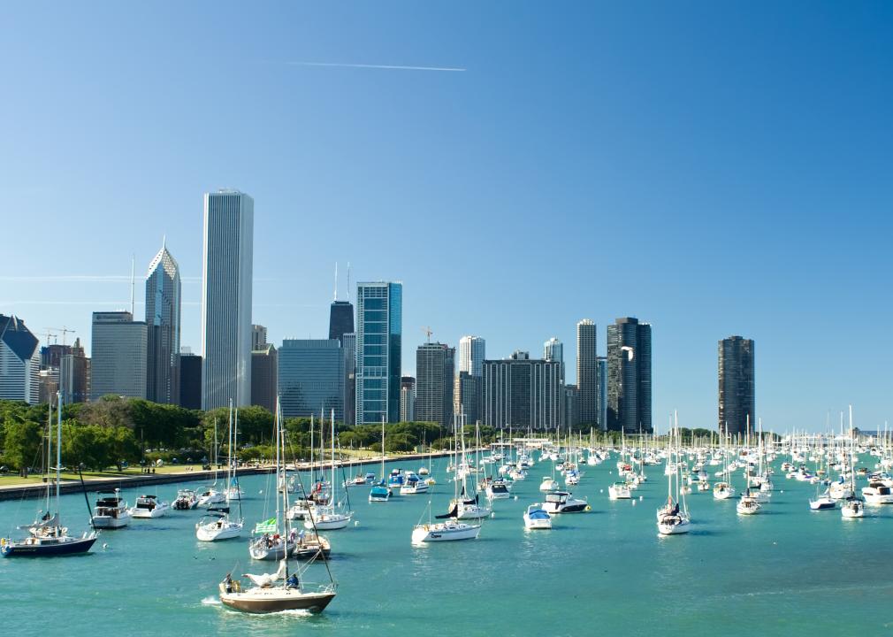 Chicago skyline with boats on the water.