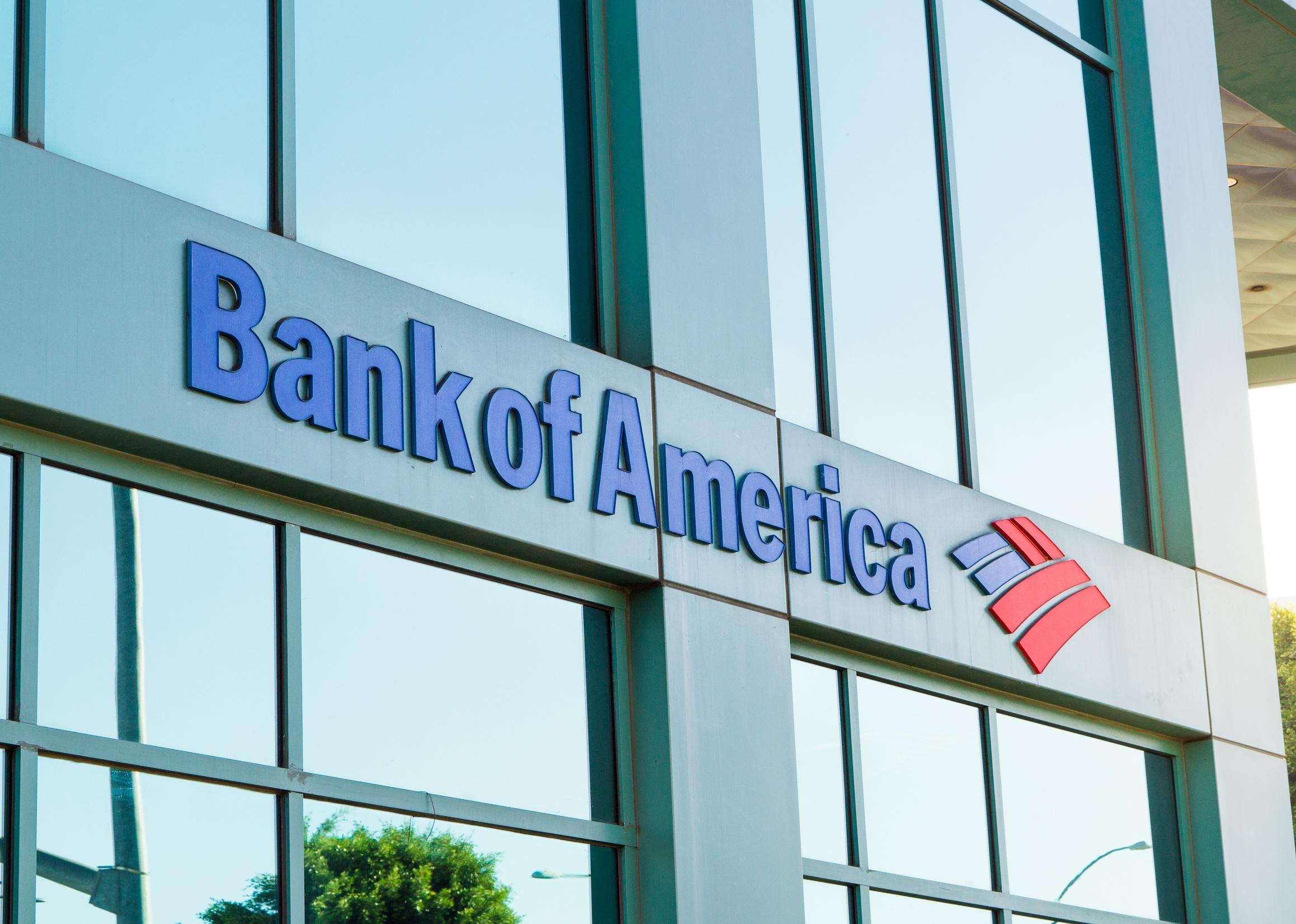 The logo of Bank of America in modern office building.