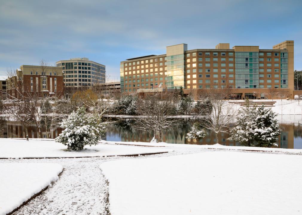 Snow blankets the grounds around pond in the Herndon-Dulles Technology Corridor.