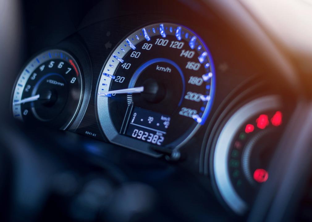 Closeup dashboard of mileage on a car
