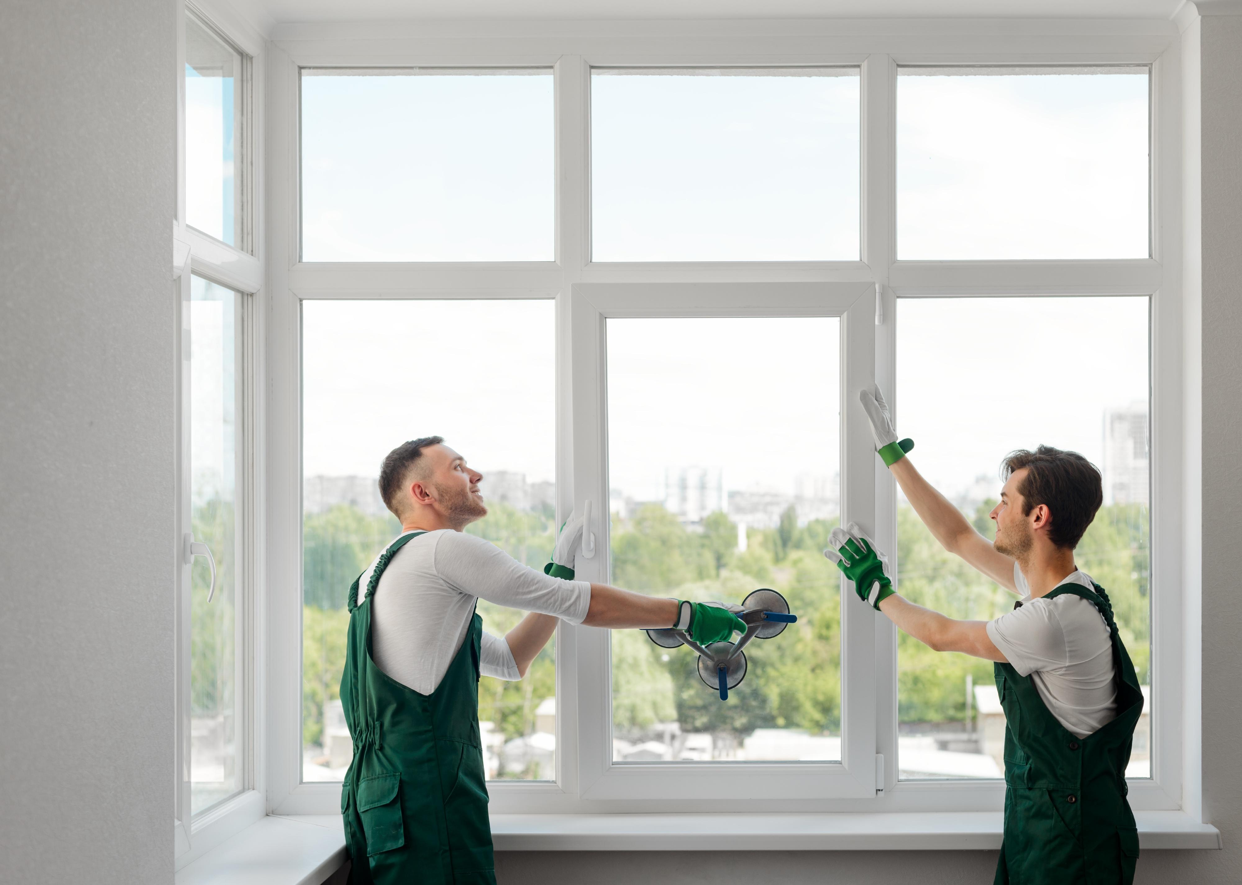 Two workers replacing a window in a living room.