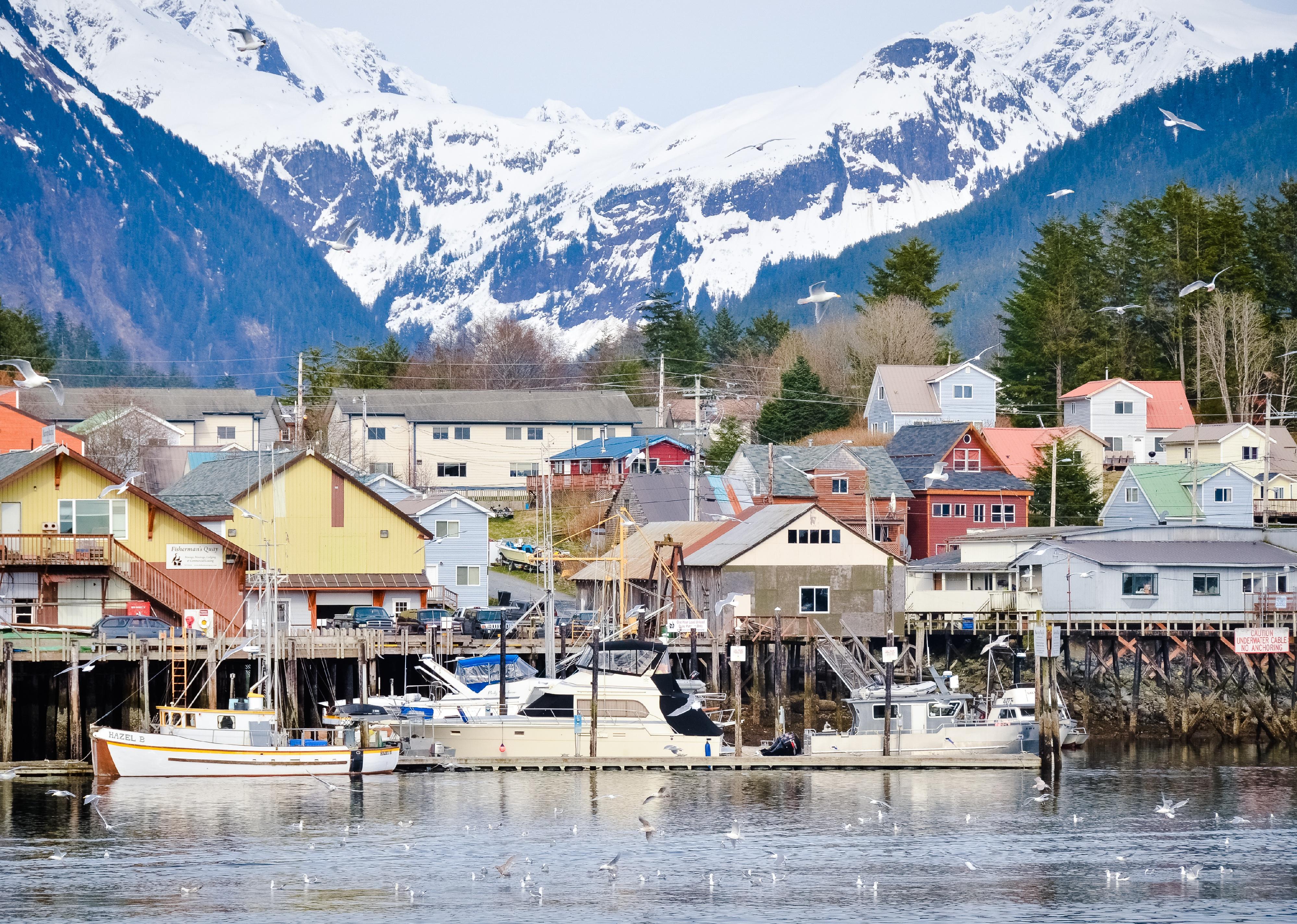 View of Sitka, boats and buildings from the water.