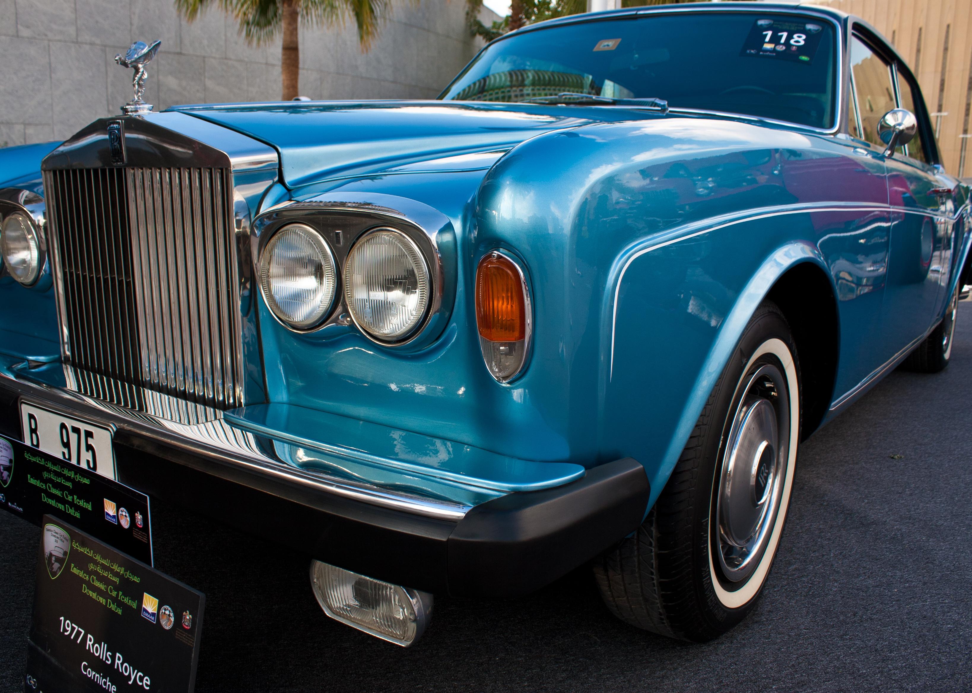 A 1977 Rolls Royce is on car display.