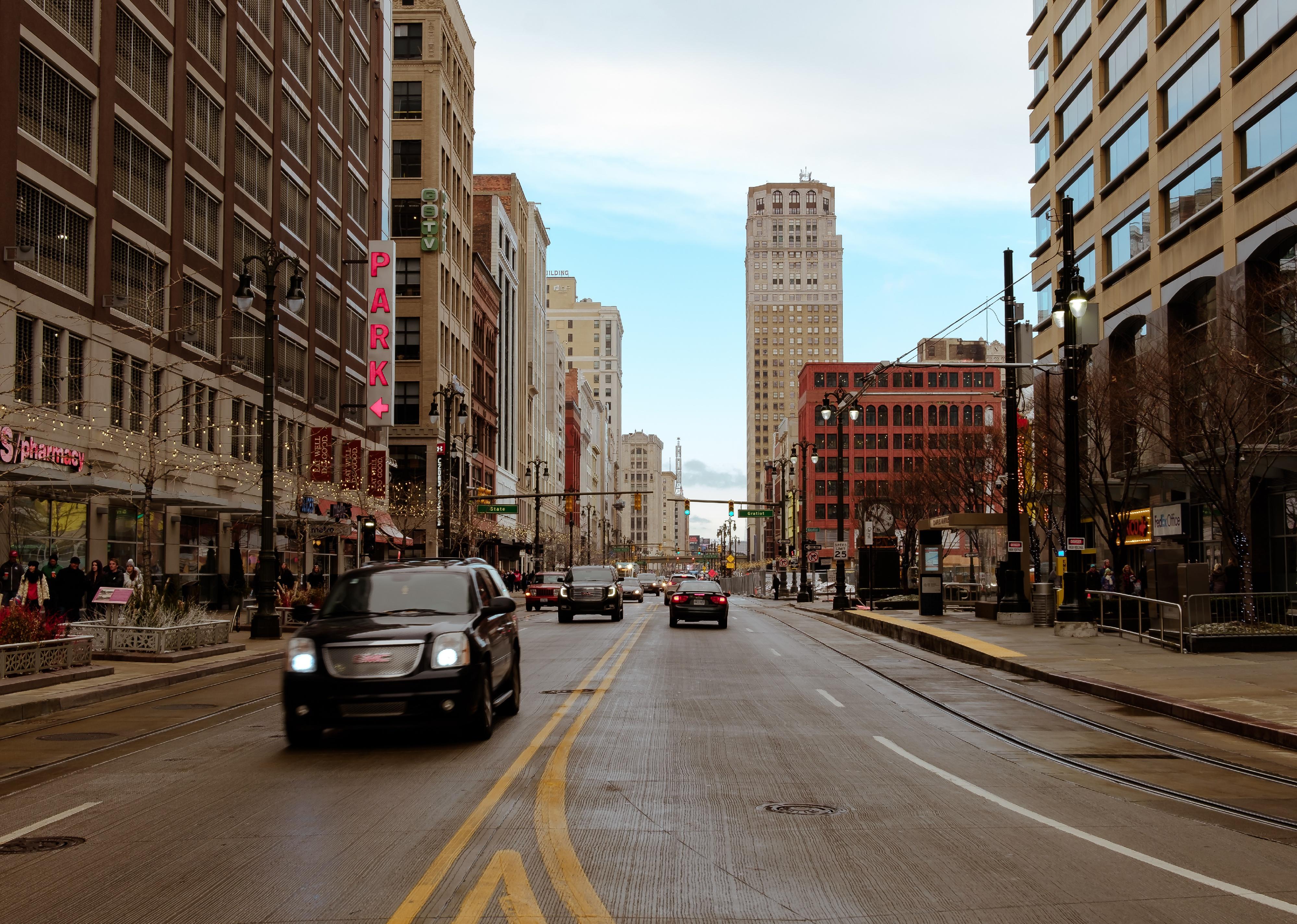Street view of downtown area of Detroit.