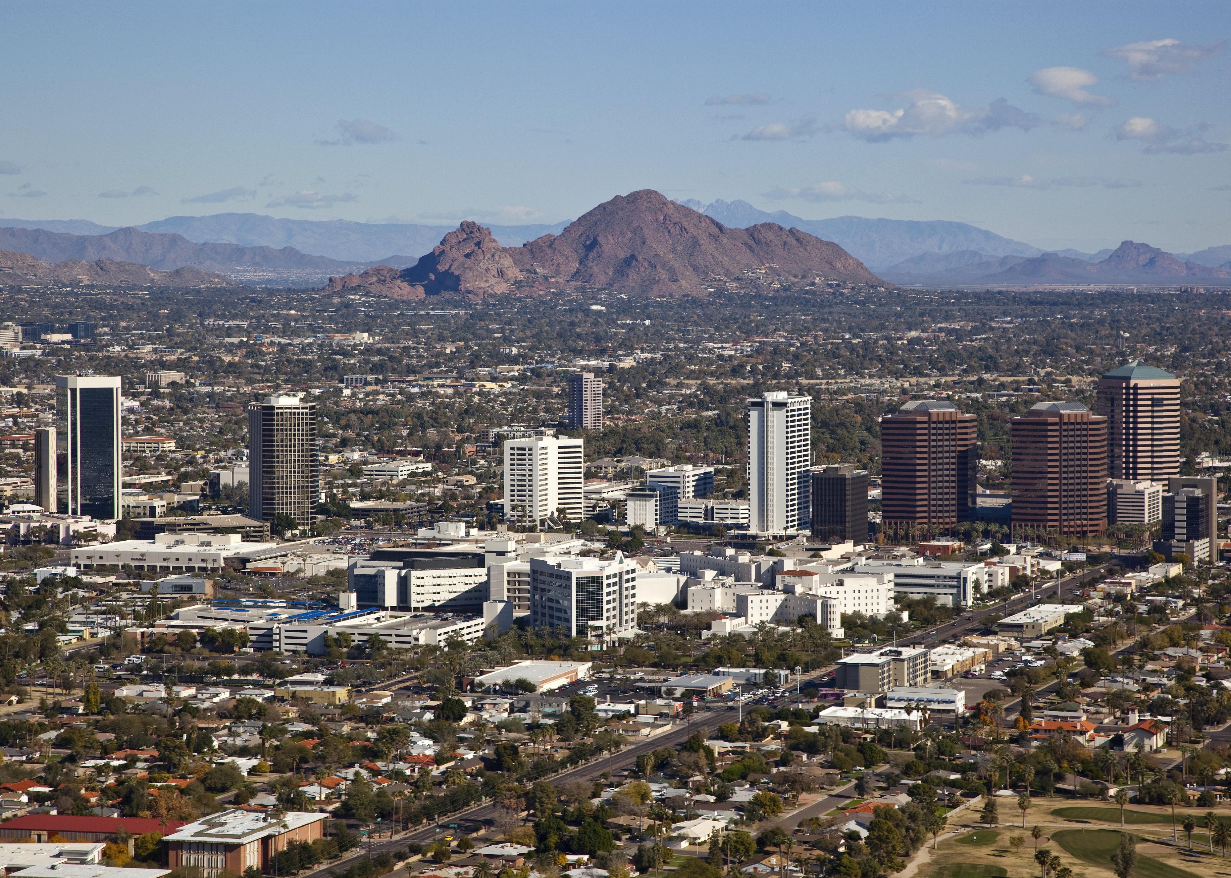 An aerial view of the Phoenix, Arizona skyline.