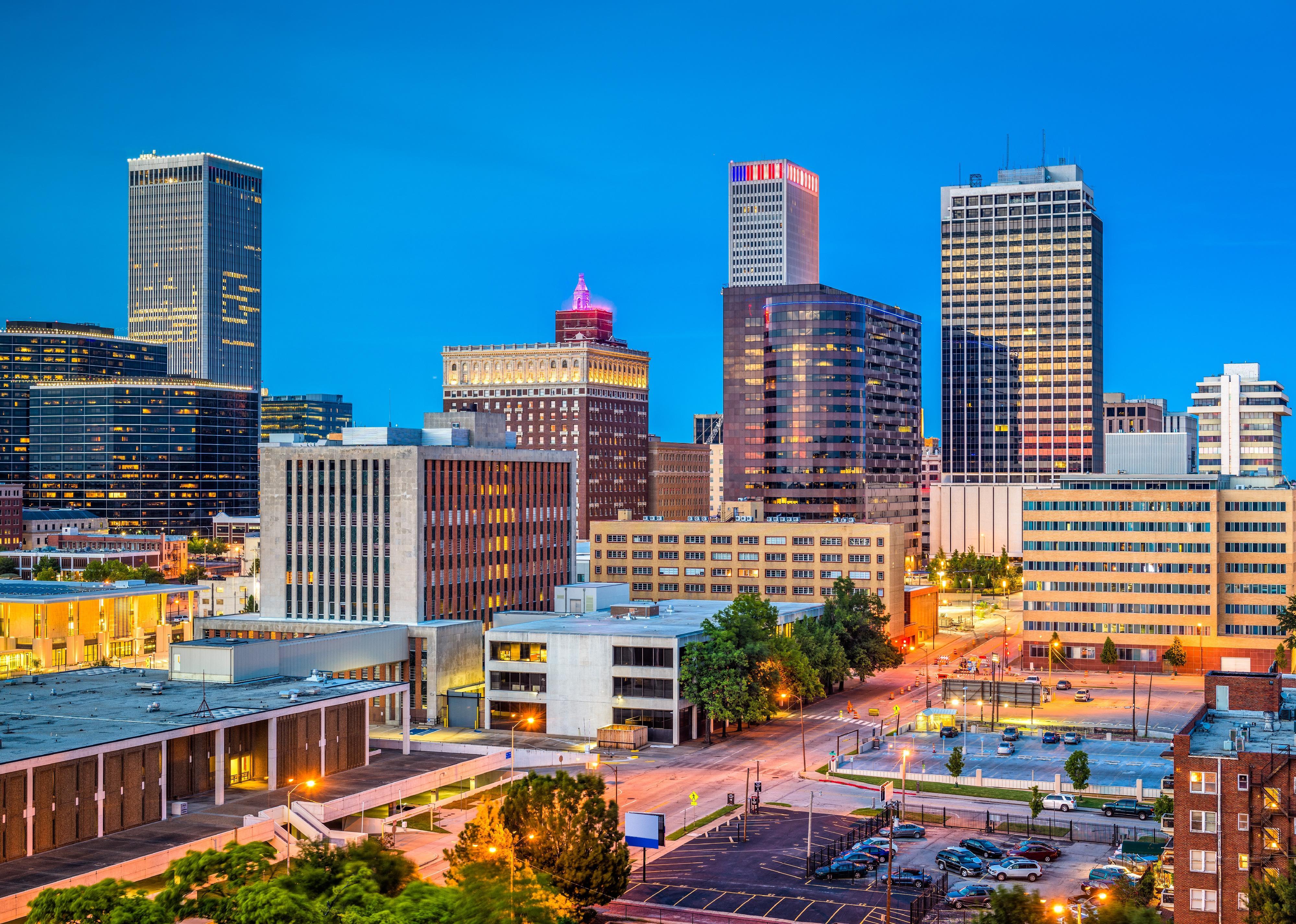 The Tulsa, Oklahoma, skyline at dusk.