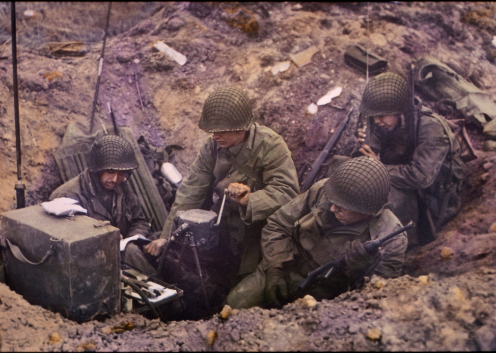 A command post is established on the cliffs of Pointe du Hoc during the invasion at Omaha Beach in Normandy, France.
