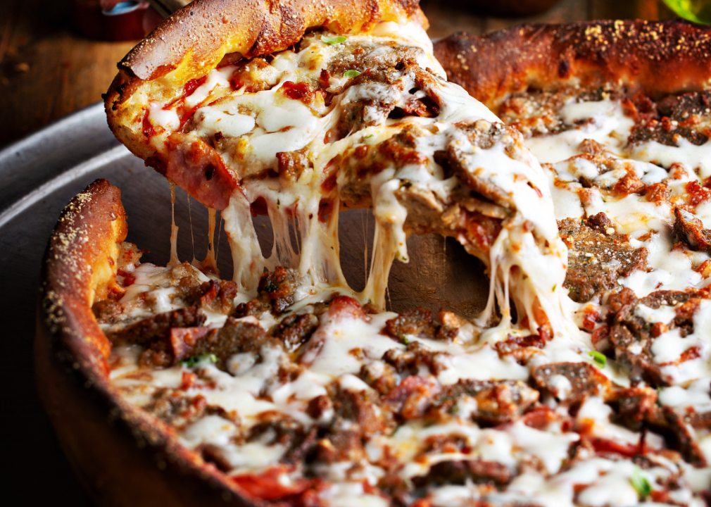 A deep dish meat pizza.