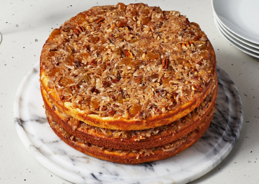 A lane cake on a cake plate.