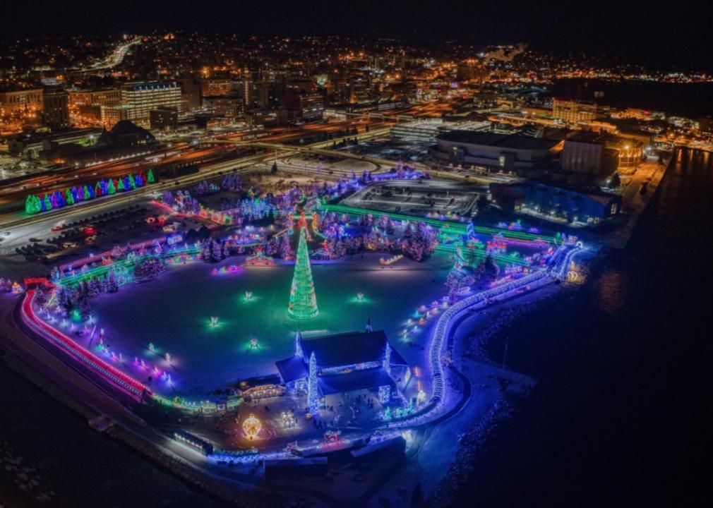 An aerial view of Christmas lights in Duluth.