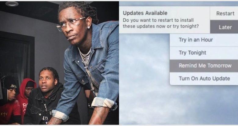 Young Thug and Lil Durk looking at a computer screen.