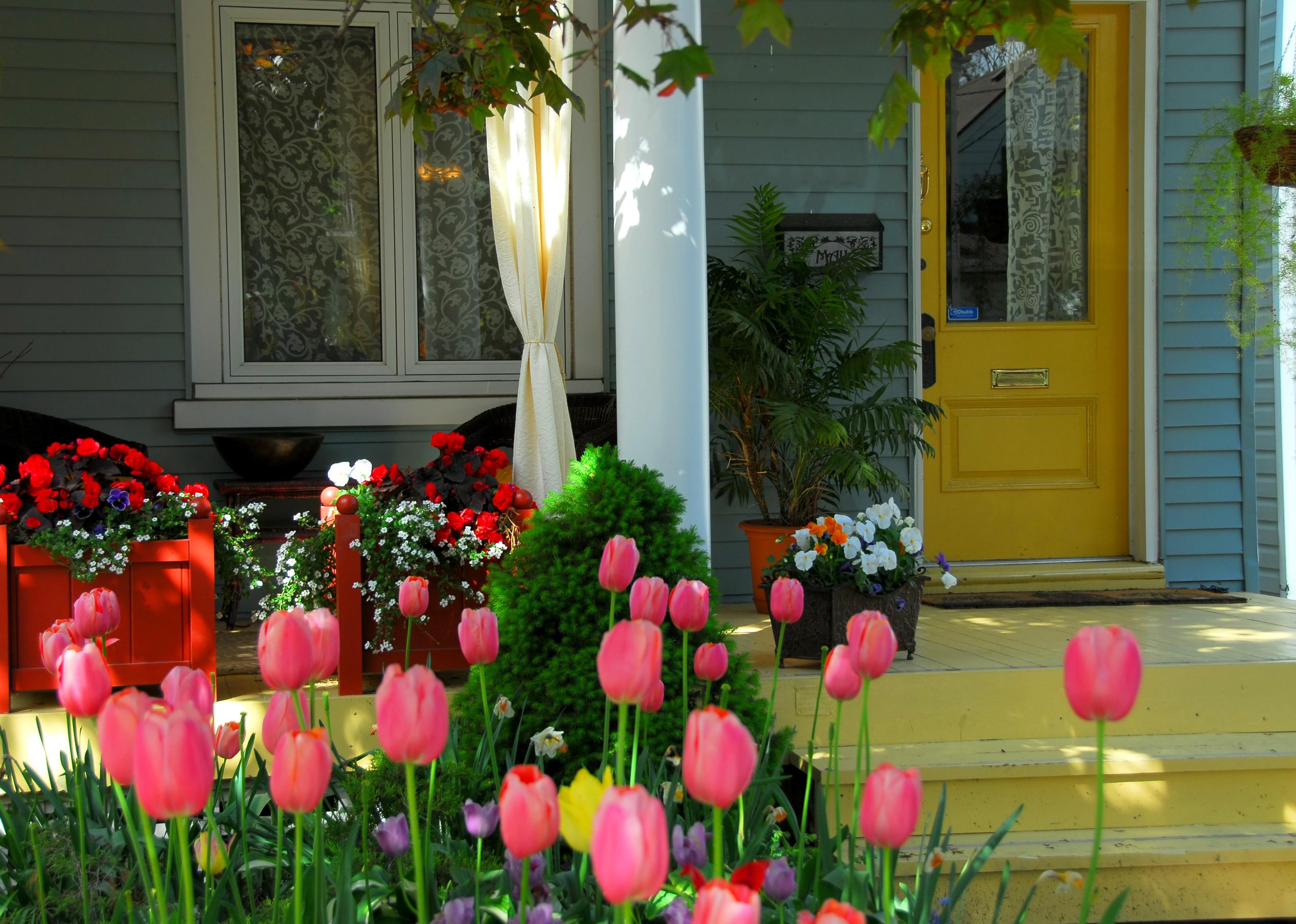 A home with a yellow door and blooming flowers in front.