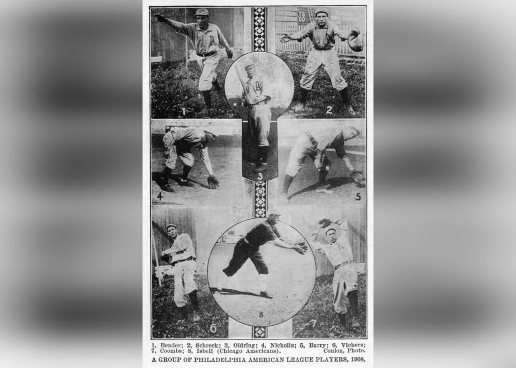 Photo collage features on-field action photos of Philadelphia Athletics baseball players, 1908
