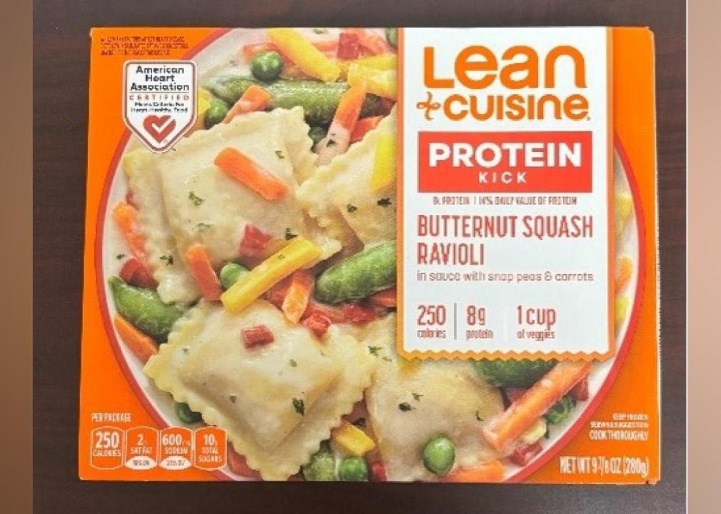 The packaging of a Lean Cuisine Protein Kick Butternut Squash Ravioli meal.
