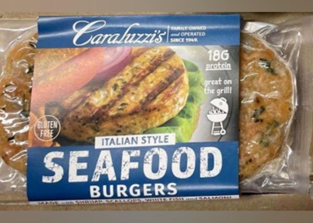 Italian-style seafood burgers Package of Italian-style seafood burgers.