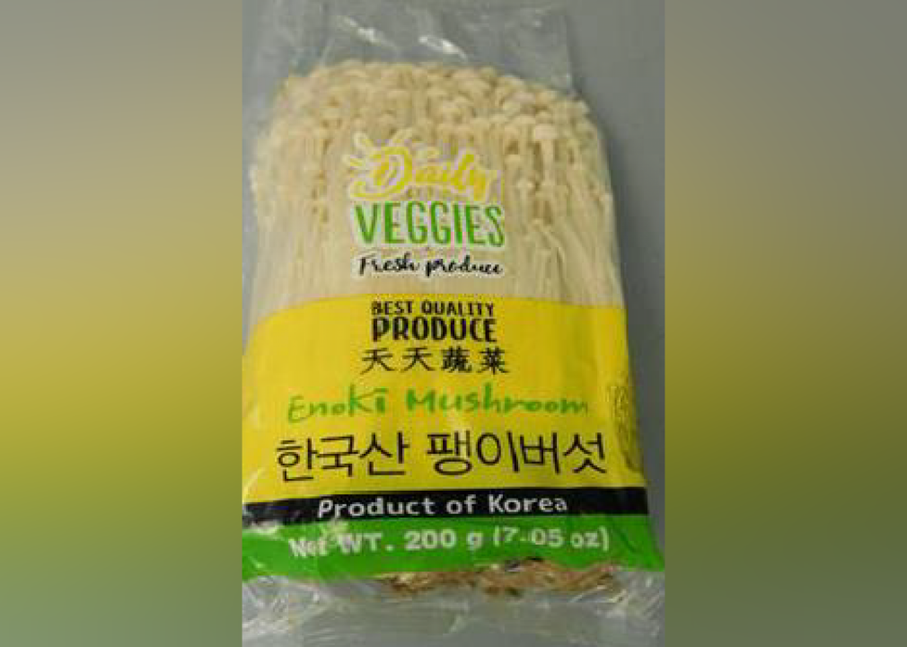 A plastic bag of Daily Veggies enoki mushrooms.