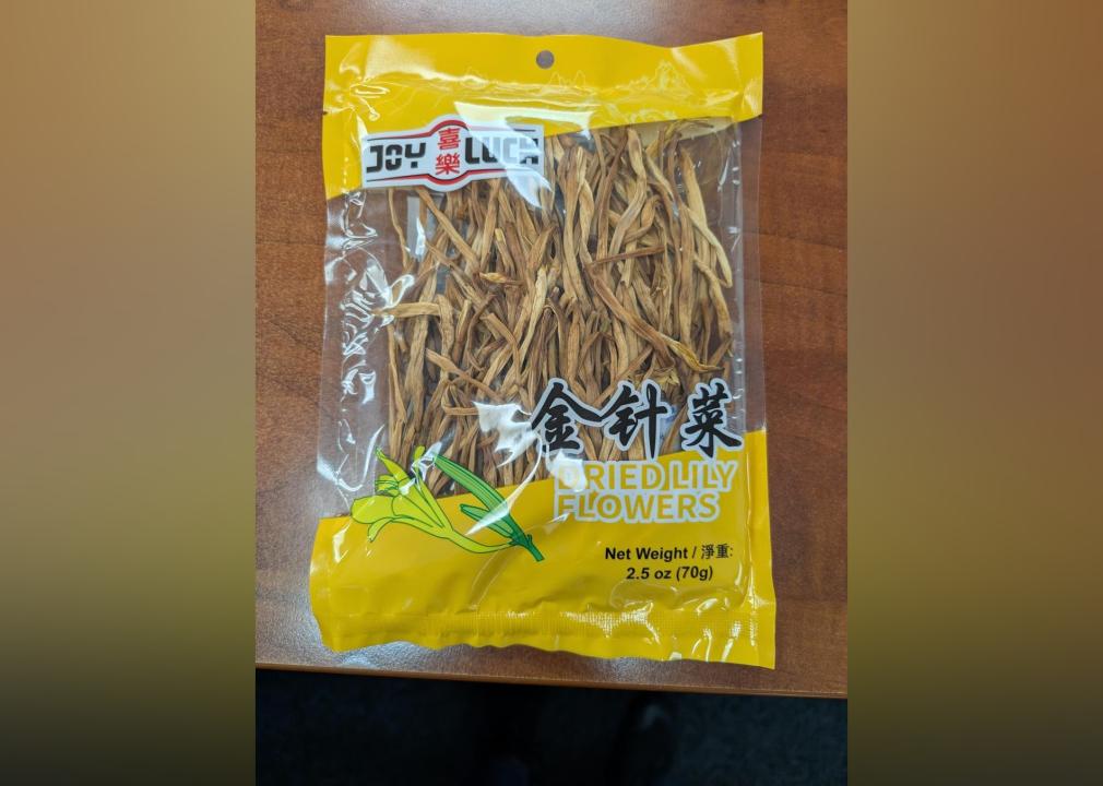 A plastic bag of dried lily flowers.