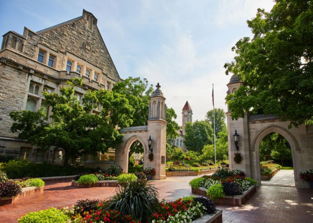 A courtyard and stone building lined with flowers at Indiana University.
