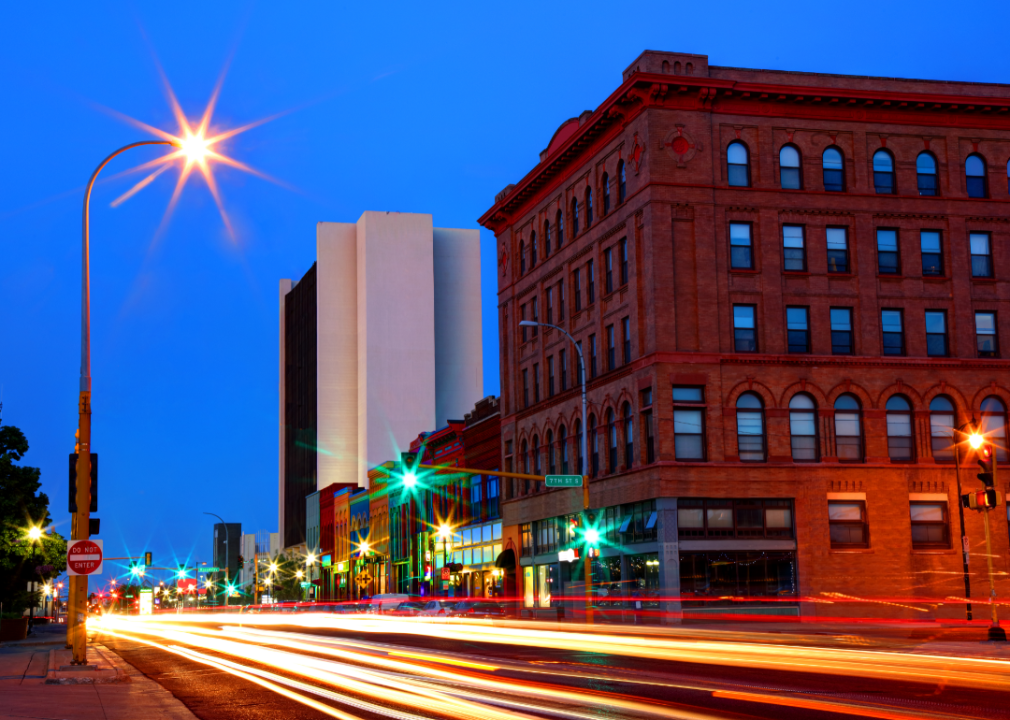 Buildings in Fargo, North Dakota, as seen at night.