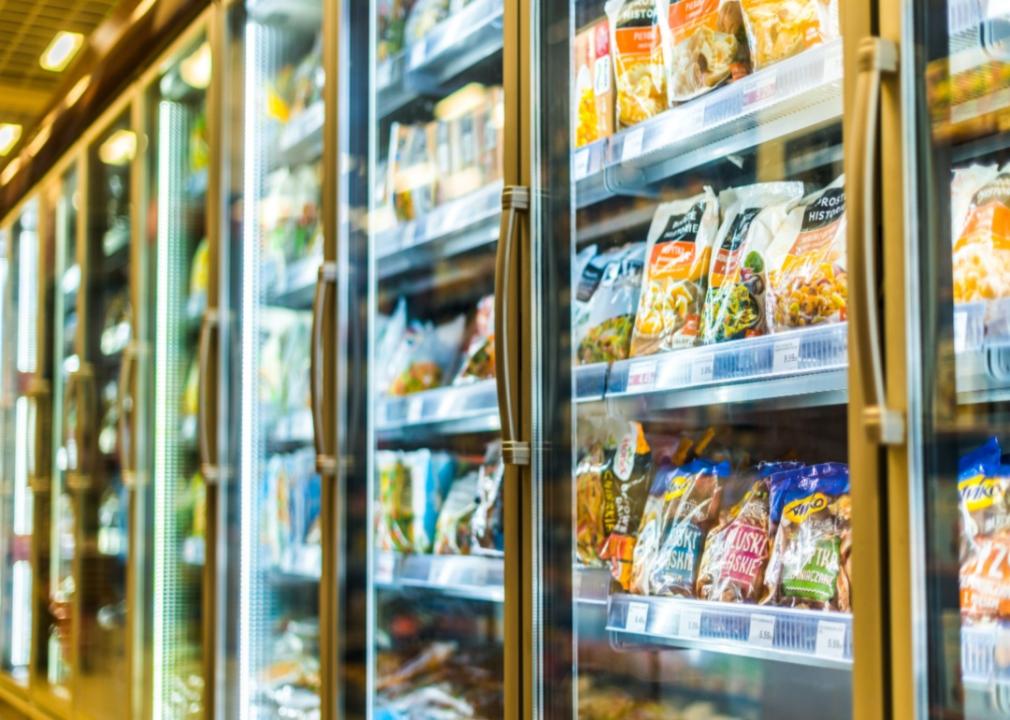 A frozen foods section at a grocery store.