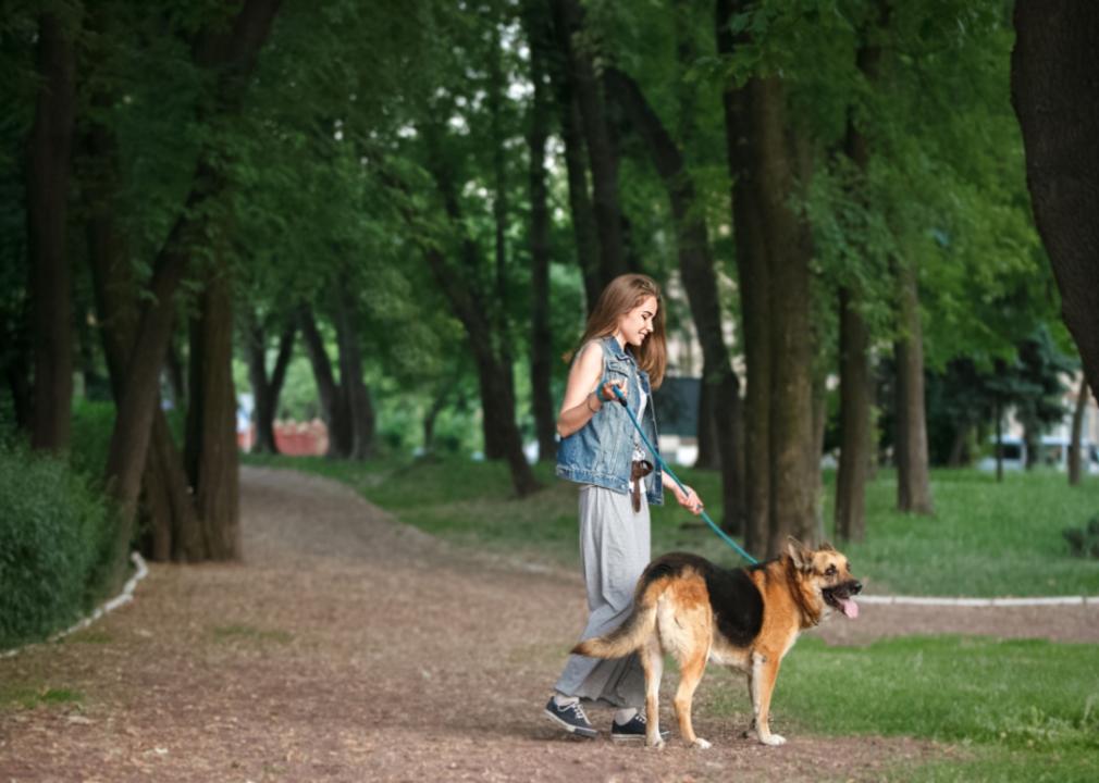 A woman walking a German shepherd on a tree-lined path.