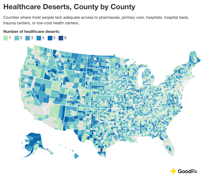 Data heat map showing the counties where most people lack adequate access to pharmacies, primary care, hospiatls, hospital beds, trauma centers, or low-cost health centers.