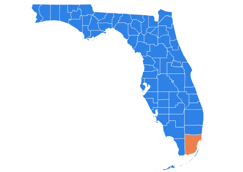 Infographic map highlighting the Miami-Dade county in the state of Florida.
