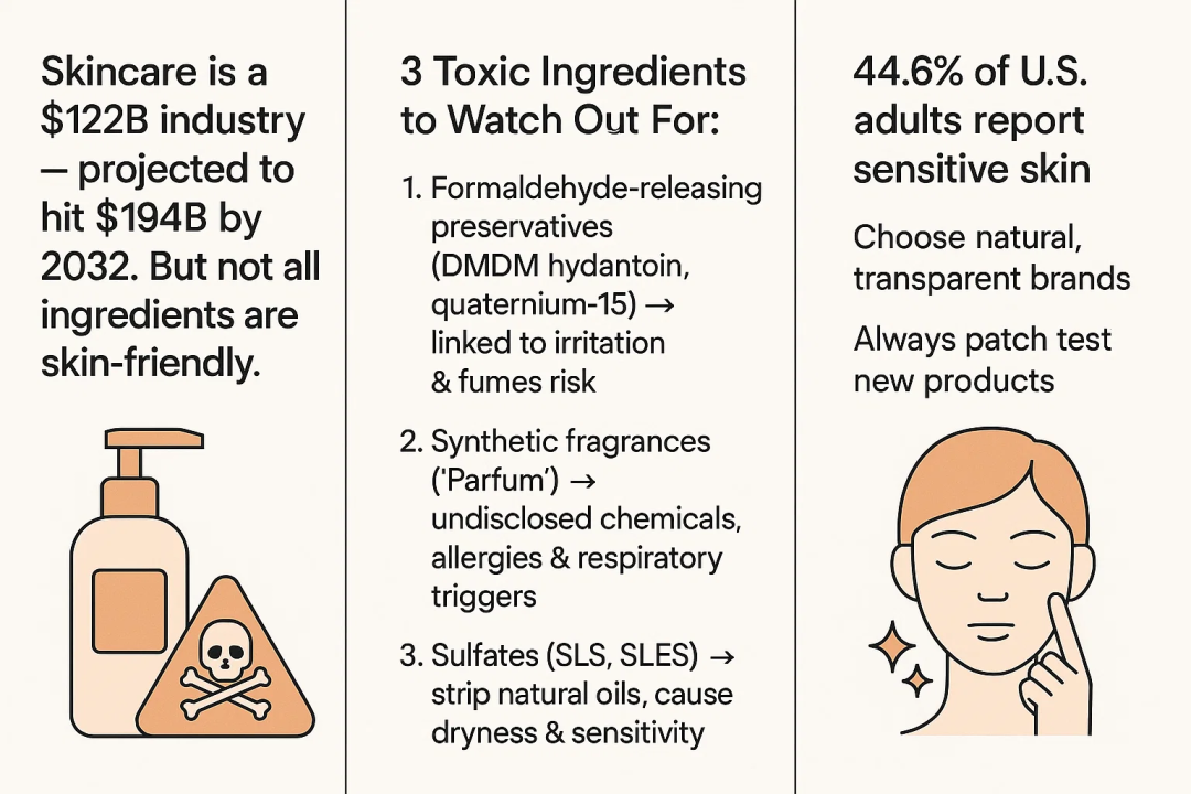 Infographic summarizing the skincare industry revenue, toxic ingredients to watch out for in skincare products, and how many adults report sensitive skin issues when choosing brands.