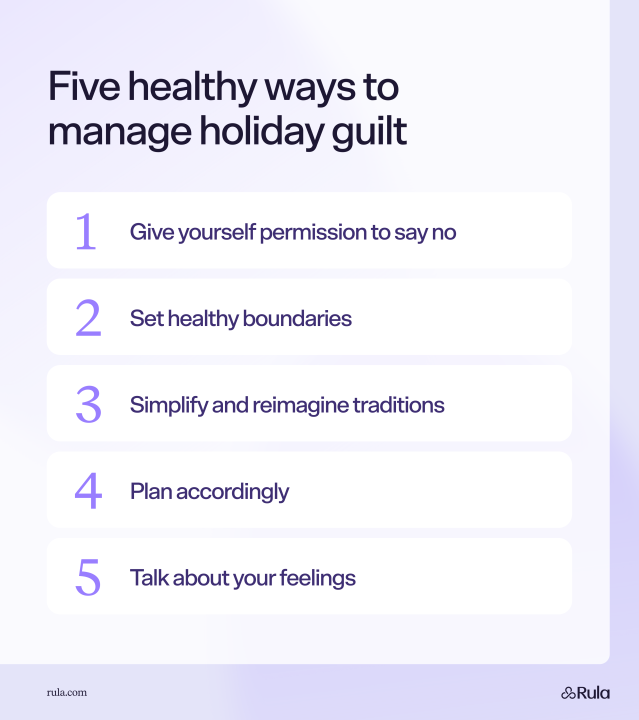 An infographic listing the five healthy ways to manage holiday guilt.
